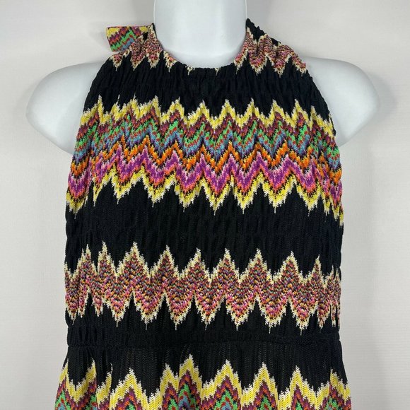 Vintage 70s Leslie J Maxi Halter Dress Size S Black Rainbow Knit Flame Stitch - Picture 2 of 9
